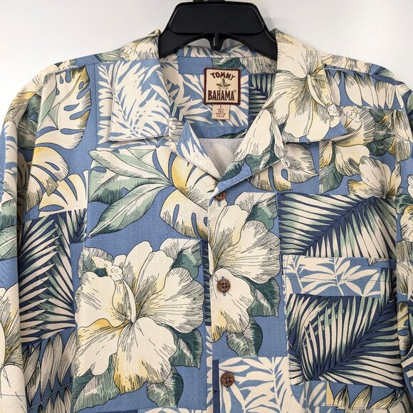 TOMMY BAHAMA Shirt Men's L Multicolor Floral Leaf Silk Hawaiian Loop Collar - Picture 2 of 14